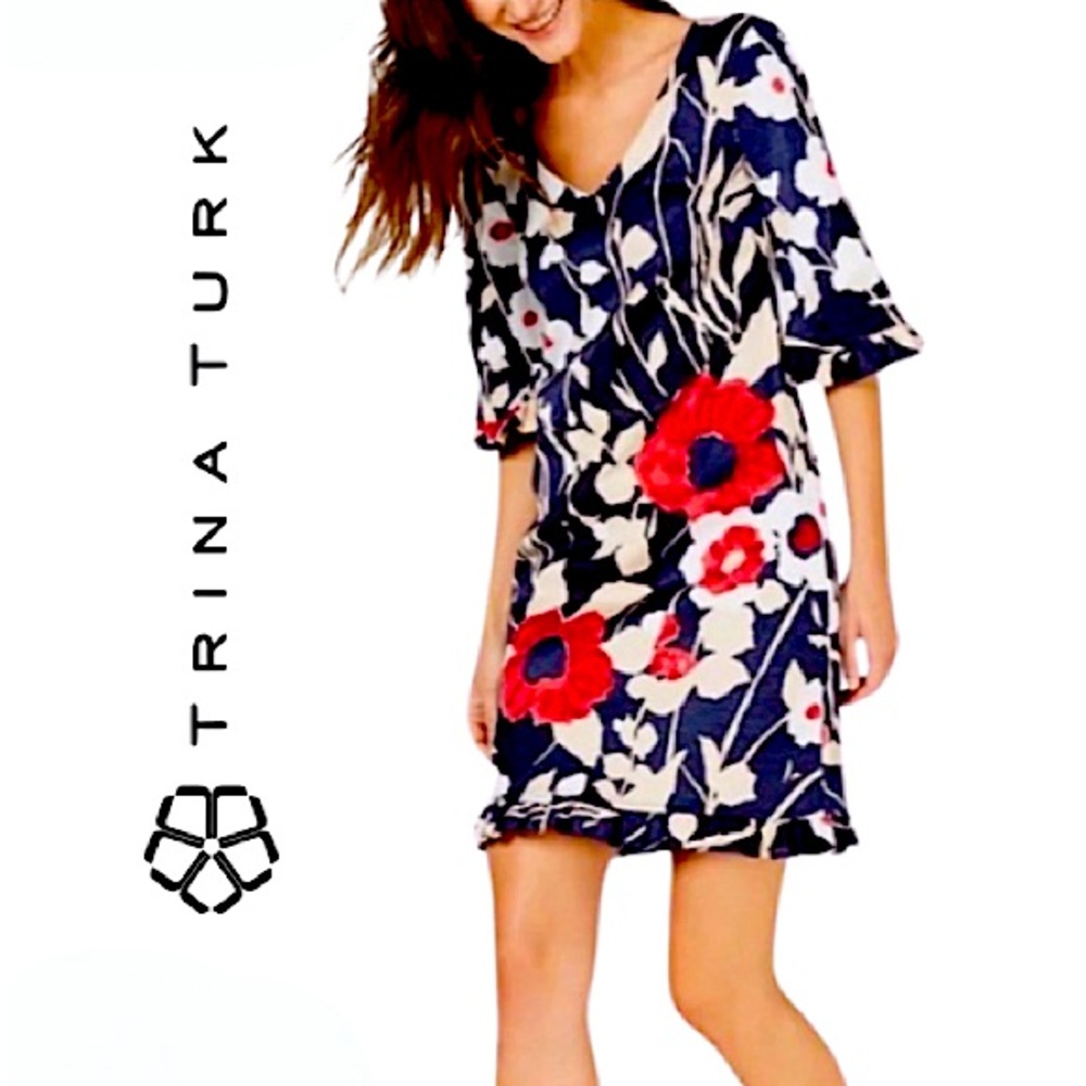 TRINA TURK.NWT. Fabulous ”Jardin De Paris Faille”. V-neck midi floral dress. 14